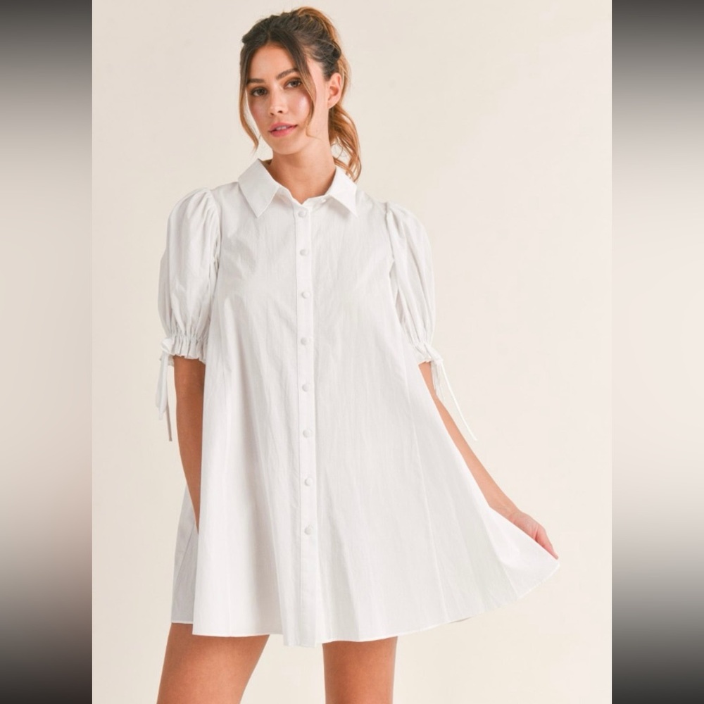 White Button Up Mini Dress with puffy sleeves - Picture 2 of 3